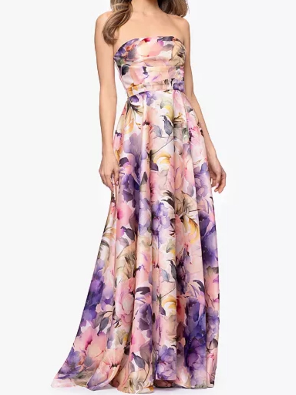 Betsy & Adam Strapless Floral Gown in Pink and Purple